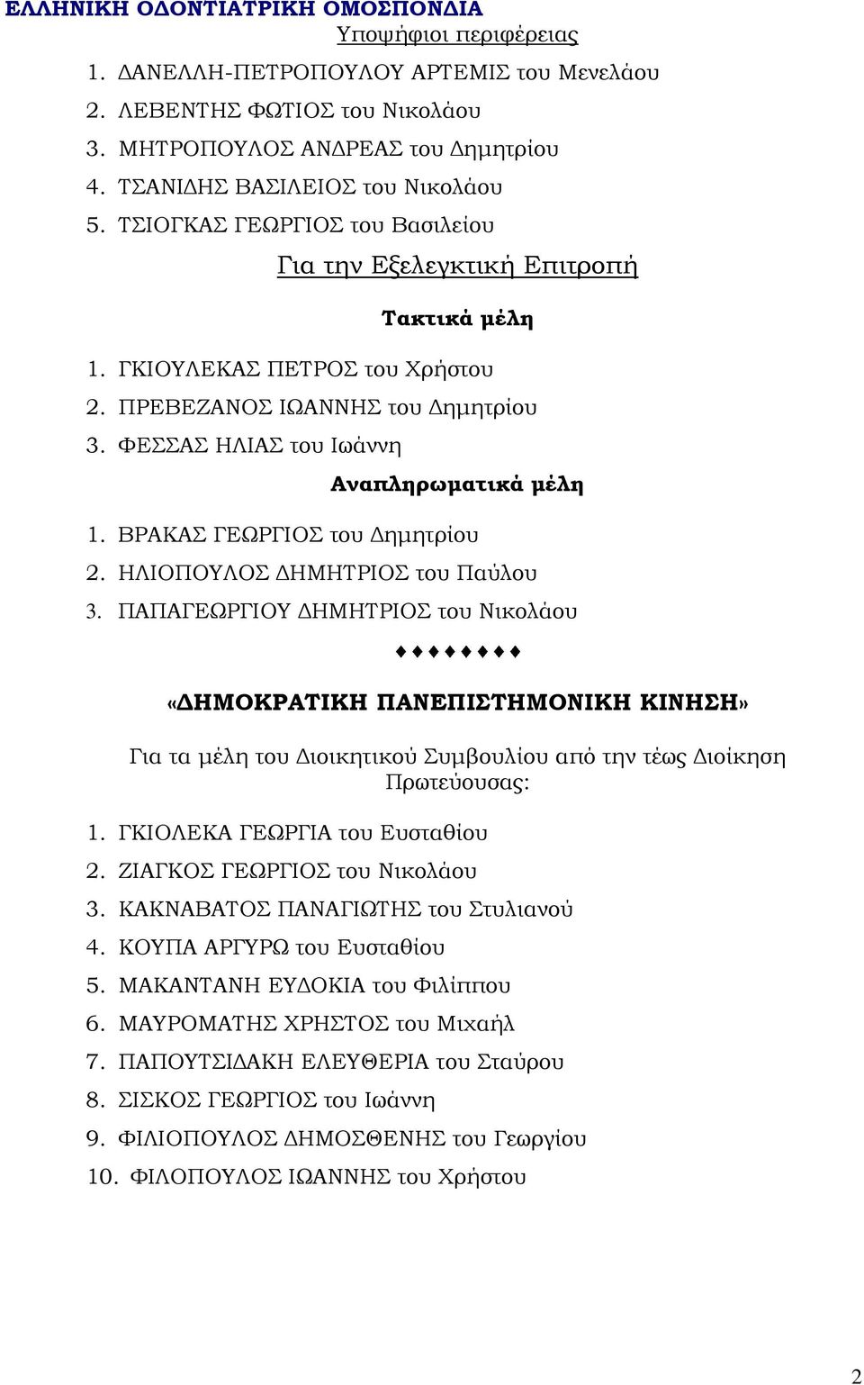 ΠΑΠΑΓΕΩΡΓΙΟΥ ΔΗΜΗΤΡΙΟΣ του Νικολάου «ΔΗΜΟΚΡΑΤΙΚΗ ΠΑΝΕΠΙΣΤΗΜΟΝΙΚΗ ΚΙΝΗΣΗ» 1. ΓΚΙΟΛΕΚΑ ΓΕΩΡΓΙΑ του Ευσταθίου 2. ΖΙΑΓΚΟΣ ΓΕΩΡΓΙΟΣ του Νικολάου 3. ΚΑΚΝΑΒΑΤΟΣ ΠΑΝΑΓΙΩΤΗΣ του Στυλιανού 4.