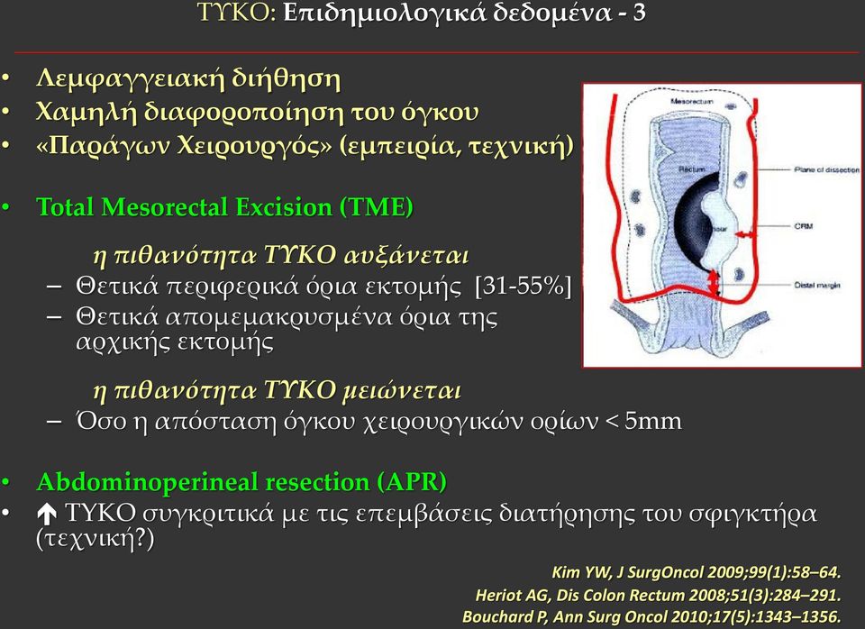 ΤΥΚΟ μειώνεται Όσο η απόσταση όγκου χειρουργικών ορίων < 5mm Abdominoperineal resection (APR) TYKO συγκριτικά με τις επεμβάσεις διατήρησης του