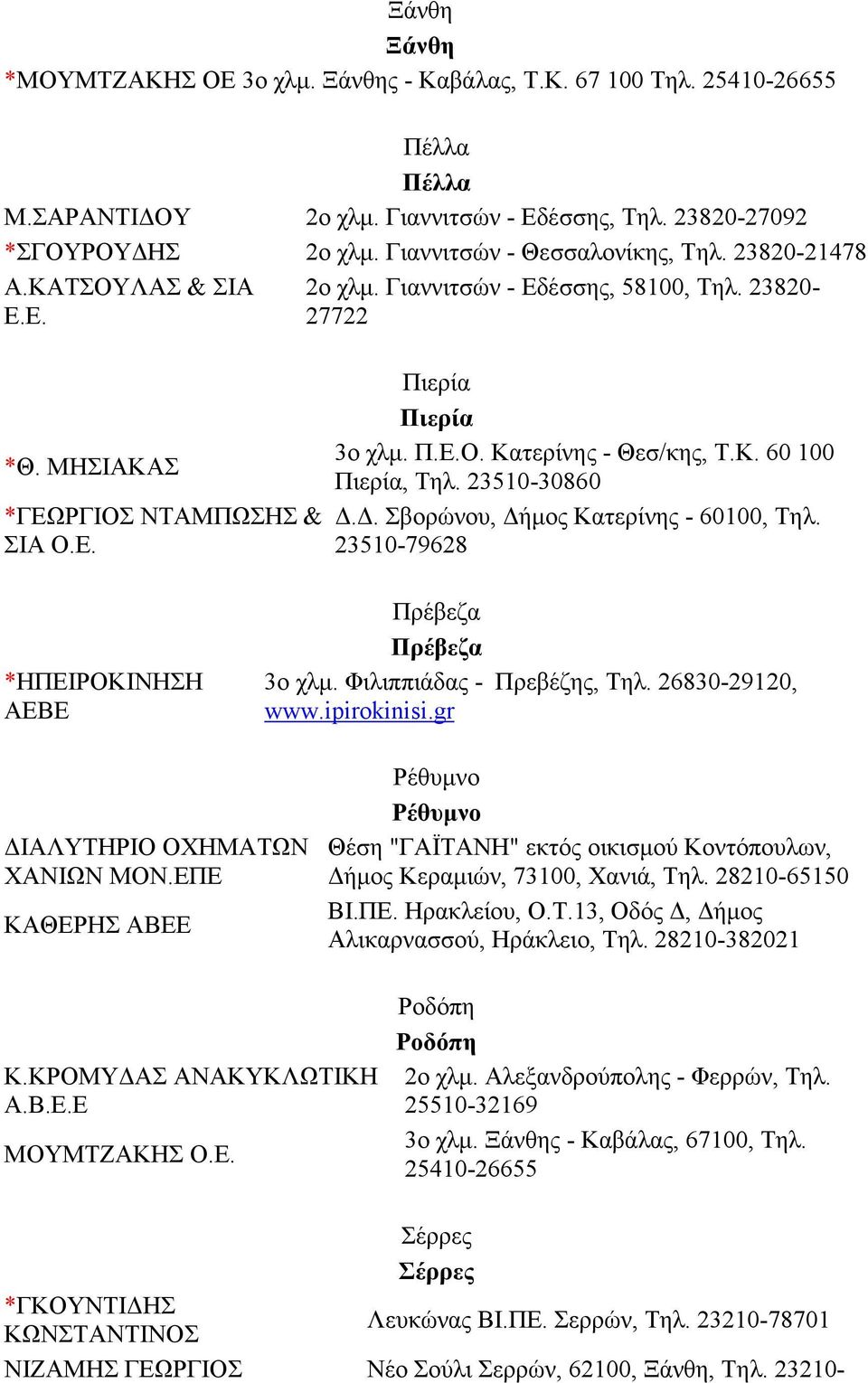 Κ. 60 100 Πιερία, Τηλ. 23510-30860.. Σβορώνου, ήµος Κατερίνης - 60100, Τηλ. 23510-79628 *ΗΠΕΙΡΟΚΙΝΗΣΗ ΑΕΒΕ Πρέβεζα Πρέβεζα 3ο χλµ. Φιλιππιάδας - Πρεβέζης, Τηλ. 26830-29120, www.ipirokinisi.