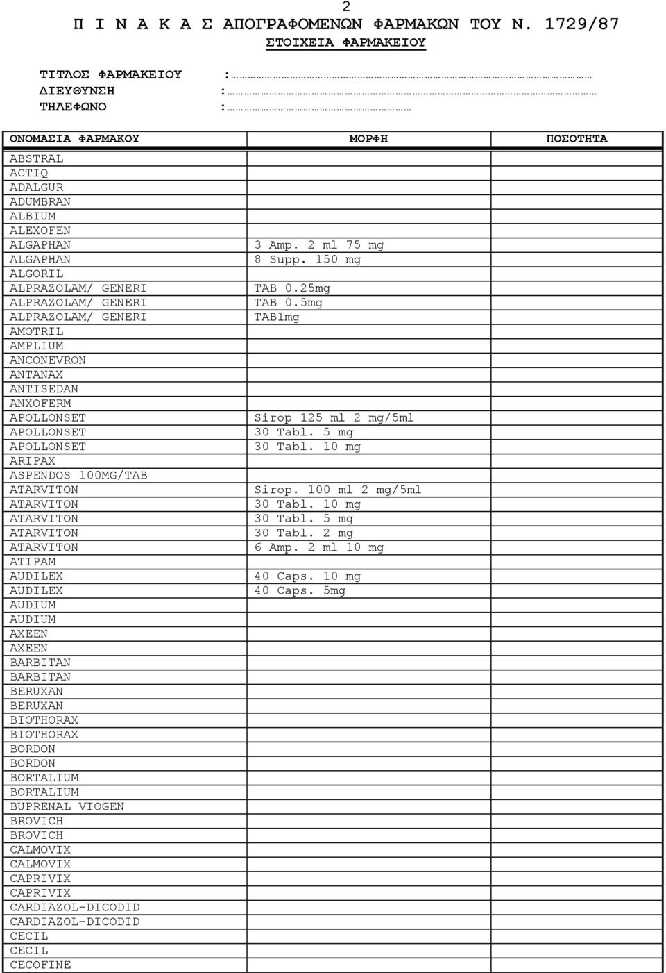 ALPRAZOLAM/ GENERI ALPRAZOLAM/ GENERI AMOTRIL AMPLIUM ANCONEVRON ANTANAX ANTISEDAN ANXOFERM APOLLONSET APOLLONSET APOLLONSET ARIPAX ASPENDOS 100MG/TAB ATIPAM AUDILEX AUDILEX AUDIUM AUDIUM AXEEN AXEEN