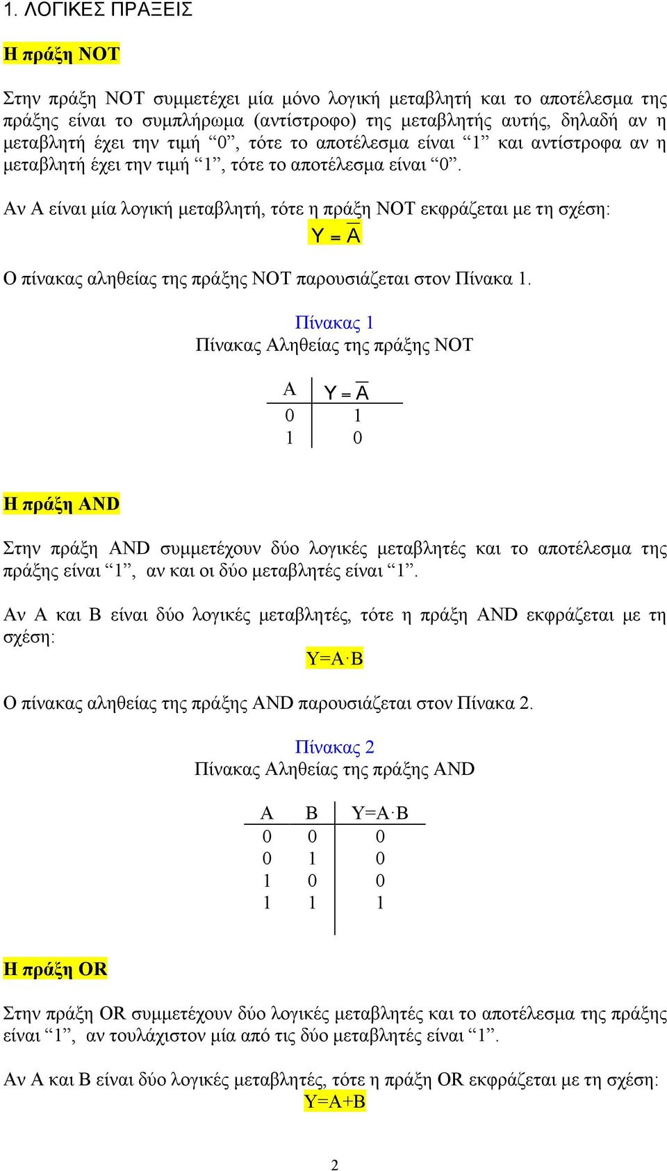 Αν είναι µία λογική µεταβλητή, τότε η πράξη NOT εκφράζεται µε τη σχέση: Y = Ο πίνακας αληθείας της πράξης NOT παρουσιάζεται στον Πίνακα 1.