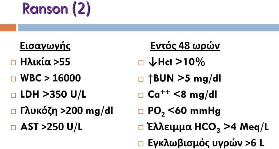 ωρών Hct >10% BUN >5 mg/dl Ca ++ <8 mg/dl ΡΟ 2