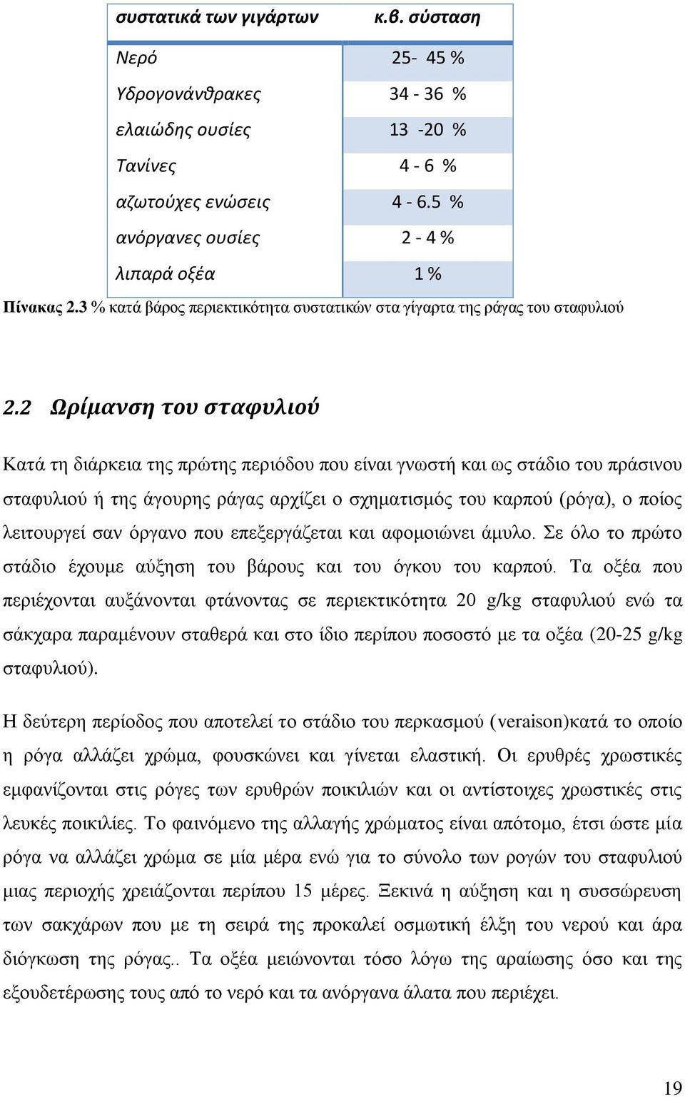 2 Ωρίμανση του σταφυλιού Κατά τη διάρκεια της πρώτης περιόδου που είναι γνωστή και ως στάδιο του πράσινου σταφυλιού ή της άγουρης ράγας αρχίζει ο σχηματισμός του καρπού (ρόγα), ο ποίος λειτουργεί σαν