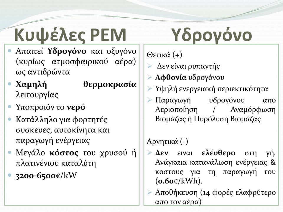 ρυπαντής Αφθονία υδρογόνου Υψηλή ενεργειακή περιεκτικότητα Παραγωγή υδρογόνου απο Αεριοποίηση / Αναμόρφωση Βιομάζας ή Πυρόλυση Βιομάζας Αρνητικά