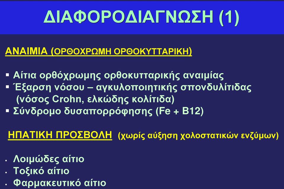 Crohn, ελκώδης κολίτιδα) Σύνδρομο δυσαπορρόφησης (Fe + B12) ΗΠΑΤΙΚΗ