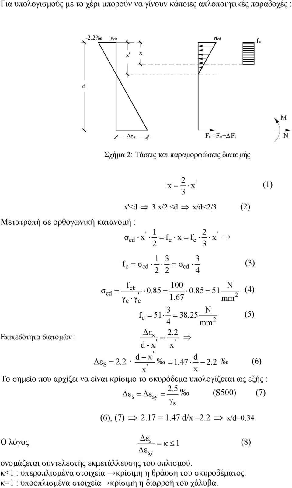 fck 100 σ c = 0.85 = 0.85 = 51 (4) ' γc γc 1.67 mm 3 f c = 51 = 38.5 (5) 4 mm ε Επιπεδότητα διατοµών : s. = ' ' - ' ε S =. = 1.47.