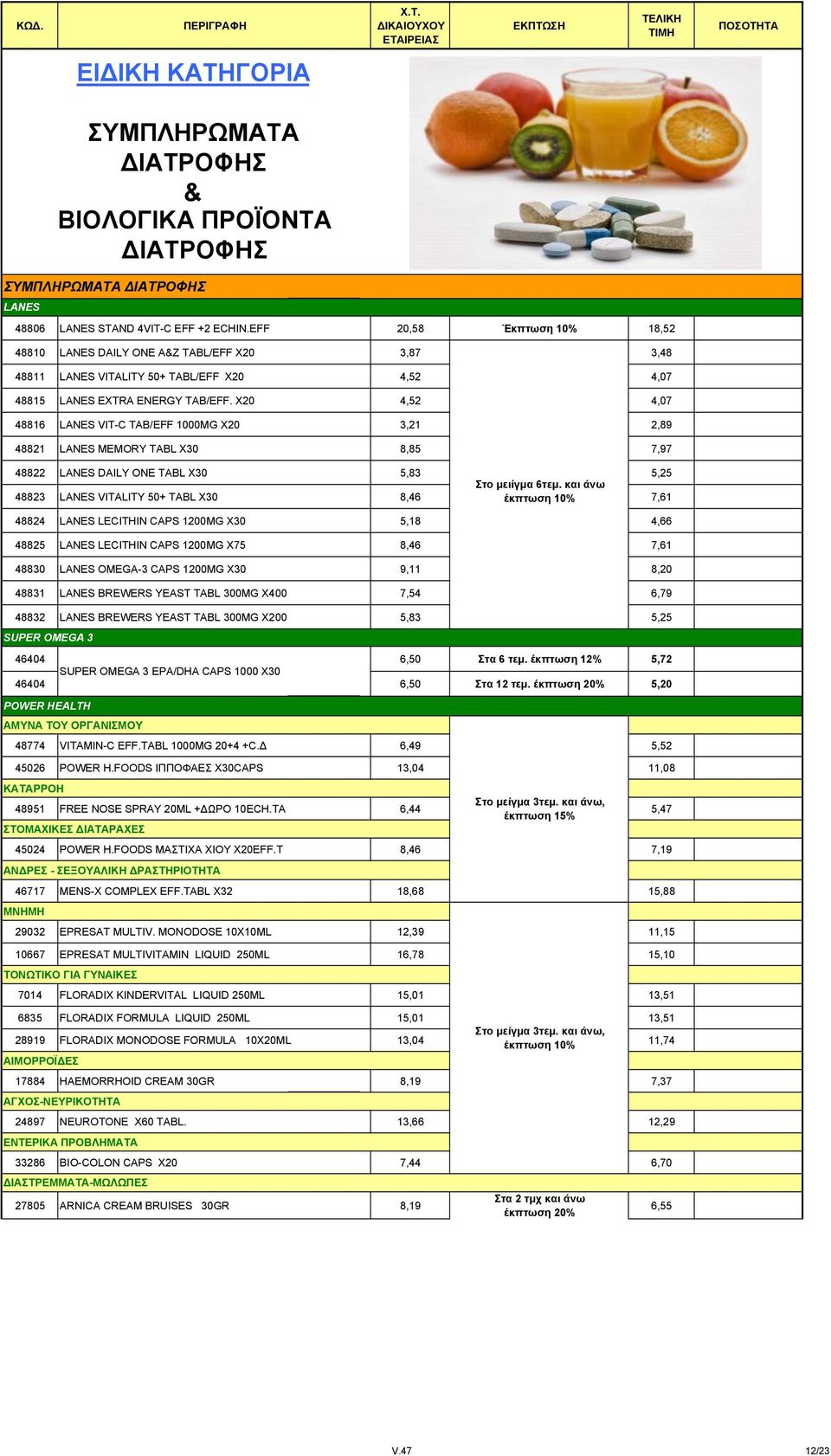 X20 4,52 4,07 48816 LANES VIT-C TAB/EFF 1000MG X20 3,21 2,89 48821 LANES MEMORY TABL X30 8,85 7,97 48822 LANES DAILY ONE TABL X30 5,83 5,25 Στο μειίγμα 6τεμ.