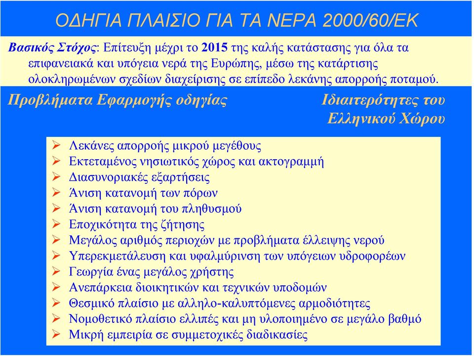 Προβλήματα Εφαρμογής οδηγίας Ιδιαιτερότητες του Ελληνικού Χώρου Λεκάνες απορροής μικρού μεγέθους Εκτεταμένος νησιωτικός χώρος και ακτογραμμή Διασυνοριακές εξαρτήσεις Άνιση κατανομή των πόρων Άνιση