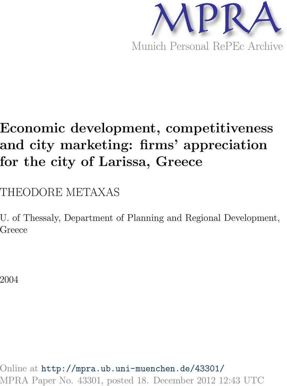 of Thessaly, Department of Planning and Regional Development, Greece 2004 Online at