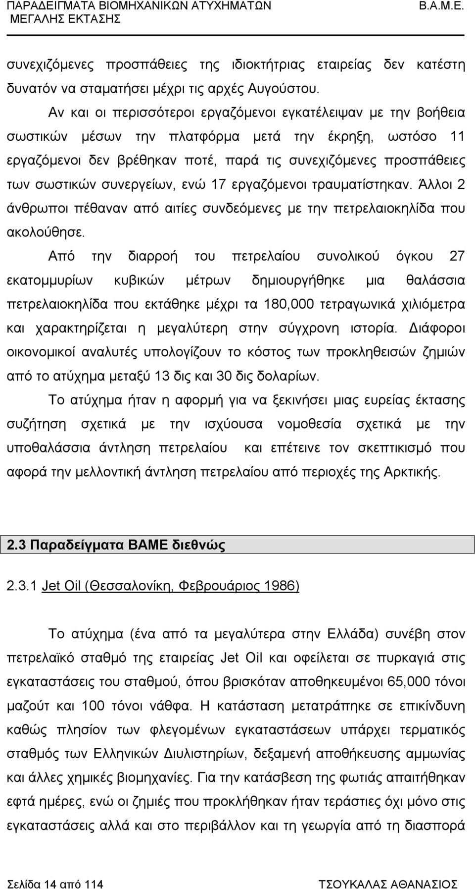 συνεργείων, ενώ 17 εργαζόμενοι τραυματίστηκαν. Άλλοι 2 άνθρωποι πέθαναν από αιτίες συνδεόμενες με την πετρελαιοκηλίδα που ακολούθησε.
