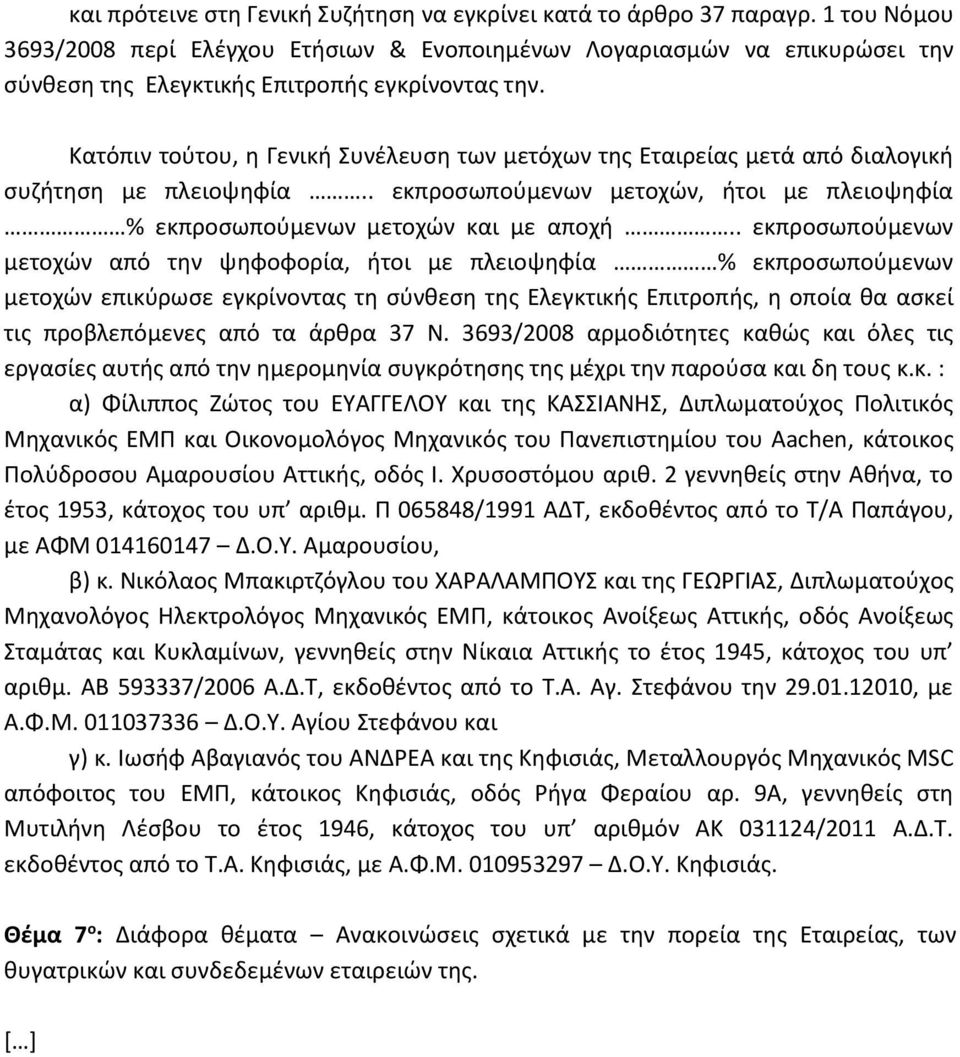 Κατόπιν τούτου, η Γενική Συνέλευση των μετόχων της Εταιρείας μετά από διαλογική συζήτηση με πλειοψηφία.. εκπροσωπούμενων μετοχών, ήτοι με πλειοψηφία % εκπροσωπούμενων μετοχών και με αποχή.