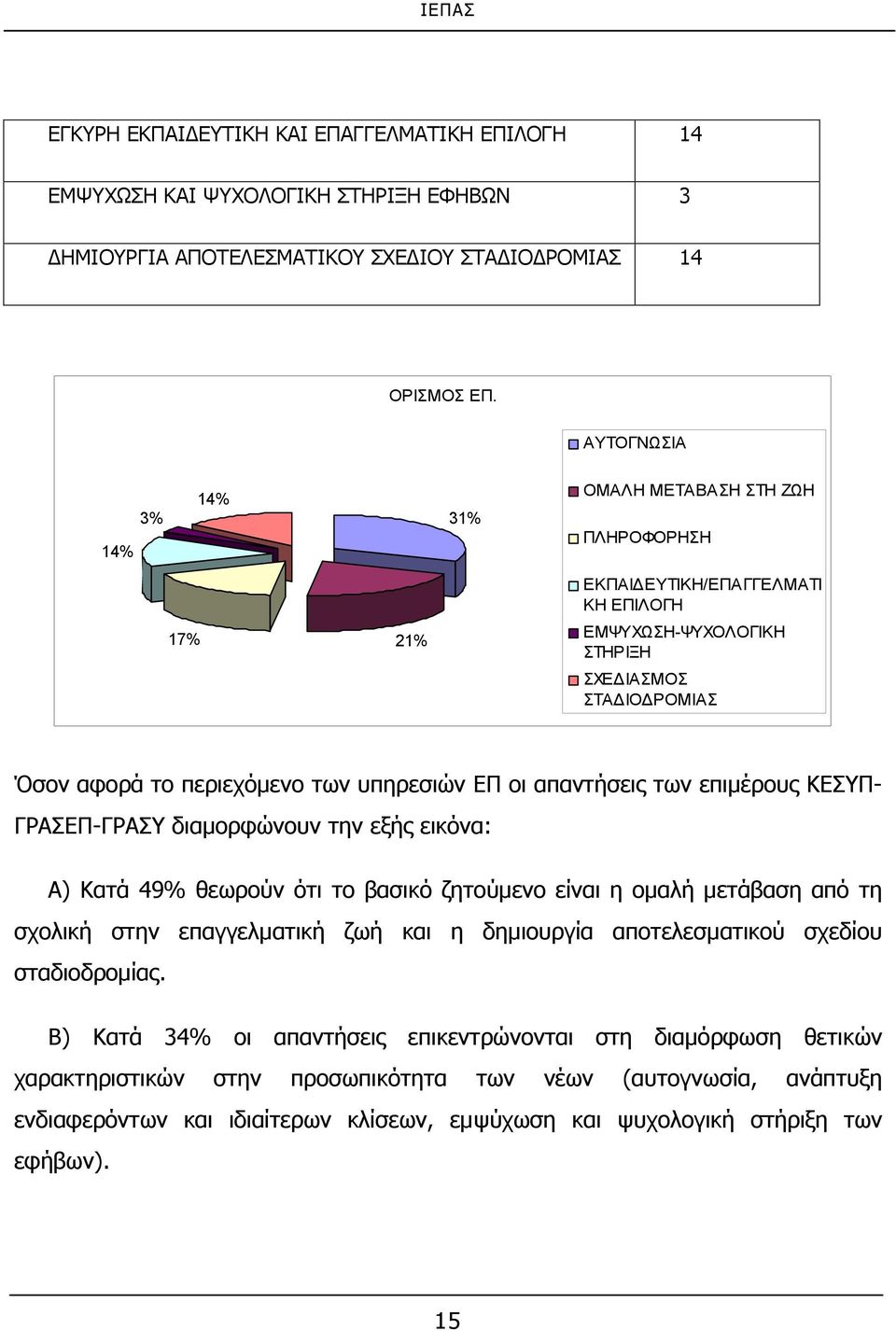 ΕΠ οι απαντήσεις των επιμέρους ΚΕΣΥΠ- ΓΡΑΣΕΠ-ΓΡΑΣΥ διαμορφώνουν την εξής εικόνα: Α) Κατά 49% θεωρούν ότι το βασικό ζητούμενο είναι η ομαλή μετάβαση από τη σχολική στην επαγγελματική ζωή και η