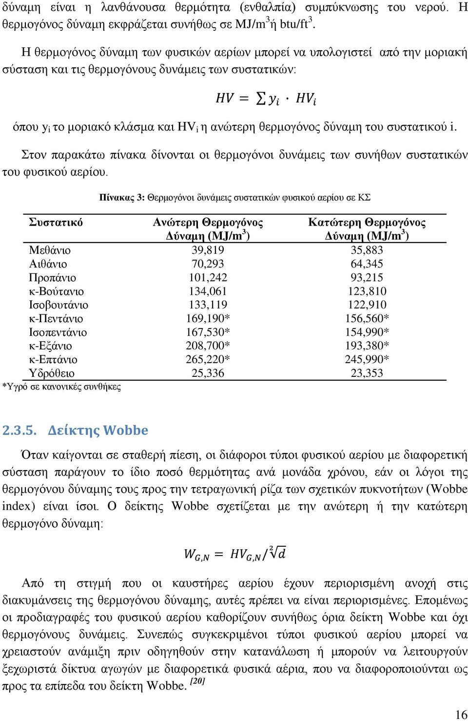 συστατικού i. Στον παρακάτω πίνακα δίνονται οι θερμογόνοι δυνάμεις των συνήθων συστατικών του φυσικού αερίου.