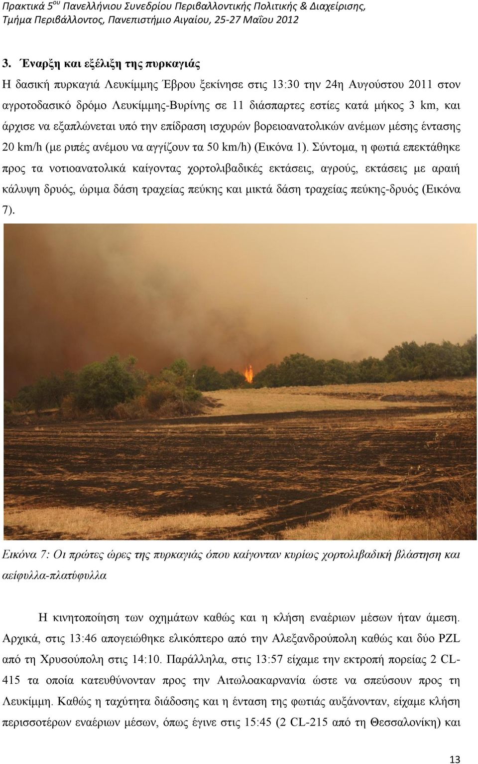 Σύντομα, η φωτιά επεκτάθηκε προς τα νοτιοανατολικά καίγοντας χορτολιβαδικές εκτάσεις, αγρούς, εκτάσεις με αραιή κάλυψη δρυός, ώριμα δάση τραχείας πεύκης και μικτά δάση τραχείας πεύκης-δρυός (Εικόνα