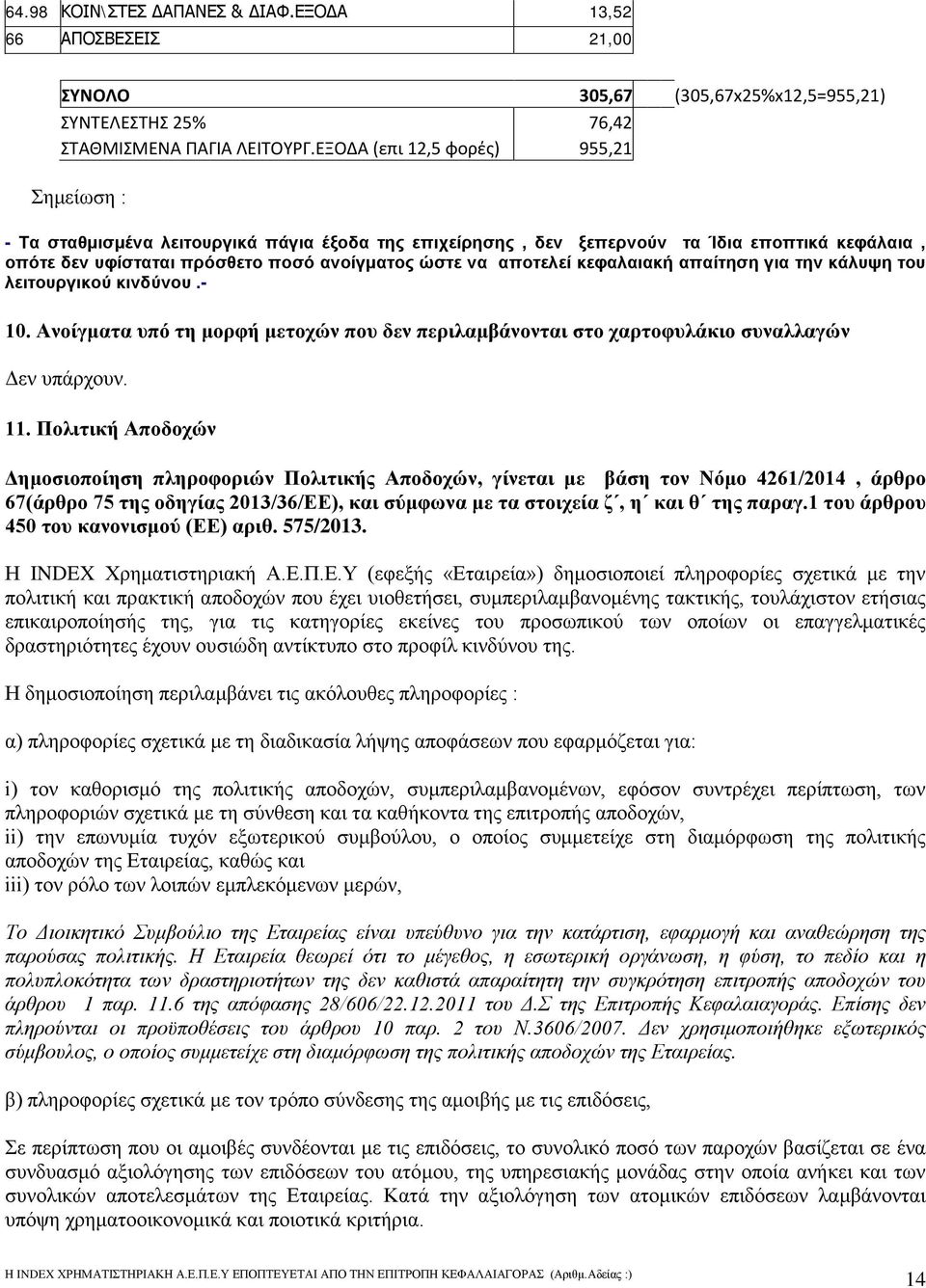 αποτελεί κεφαλαιακή απαίτηση για την κάλυψη του λειτουργικού κινδύνου.- 10. Ανοίγματα υπό τη μορφή μετοχών που δεν περιλαμβάνονται στο χαρτοφυλάκιο συναλλαγών Δεν υπάρχουν. 11.
