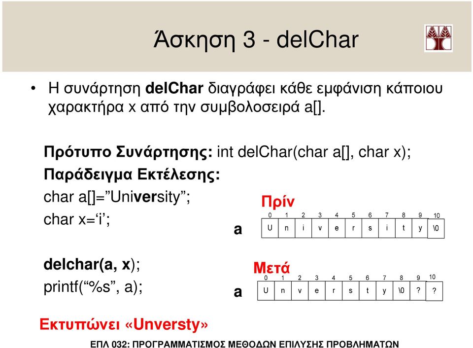 Πρότυπο Συνάρτησης: int delchar(char a[], char x); Παράδειγµα