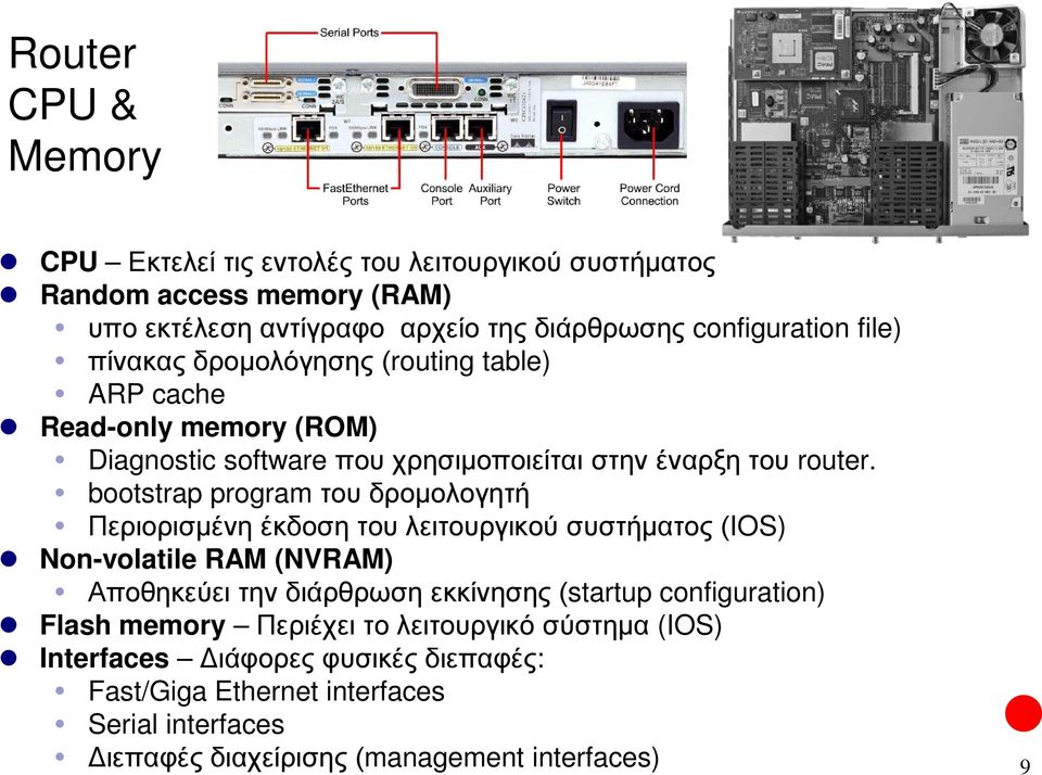 bootstrap program του δρομολογητή Περιορισμένη έκδοση του λειτουργικού συστήματος (IOS) Non-volatile RAM (NVRAM) Αποθηκεύει την διάρθρωση εκκίνησης (startup