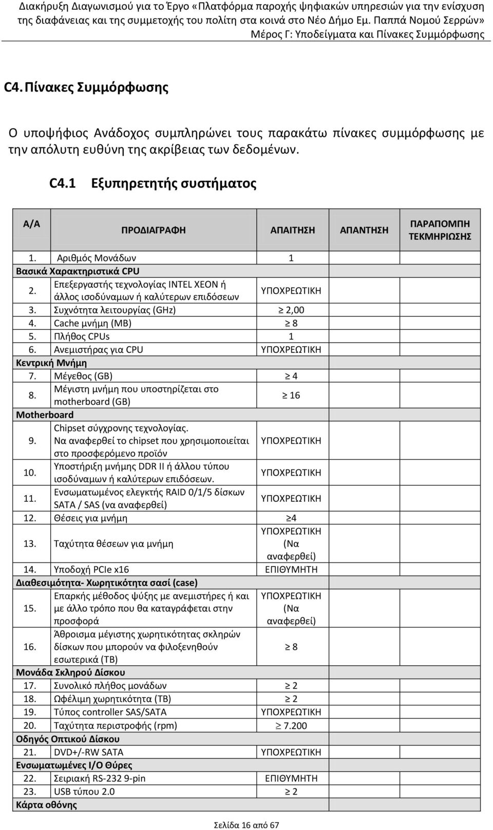 Επεξεργαςτισ τεχνολογίασ INTEL ΧΕΟΝ ι άλλοσ ιςοδφναμων ι καλφτερων επιδόςεων 3. Συχνότθτα λειτουργίασ (GHz) 2,00 4. Cache μνιμθ (ΜΒ) 8 5. Ρλικοσ CPUs 1 6. Ανεμιςτιρασ για CPU Κεντρικι Μνιμθ 7.