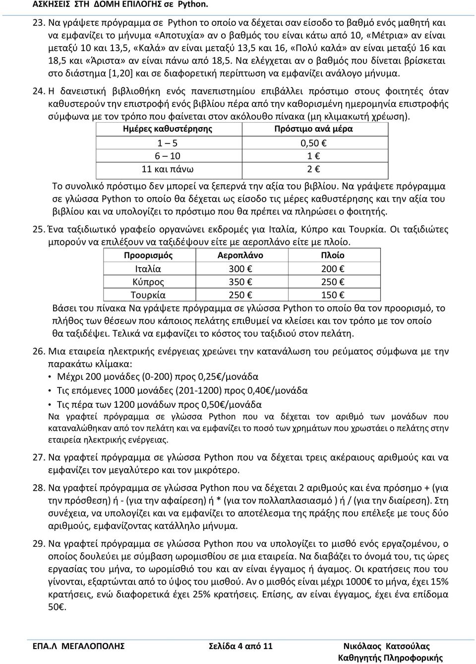 Να ελέγχεται αν ο βαθμός που δίνεται βρίσκεται στο διάστημα [1,20] και σε διαφορετική περίπτωση να εμφανίζει ανάλογο μήνυμα. 24.