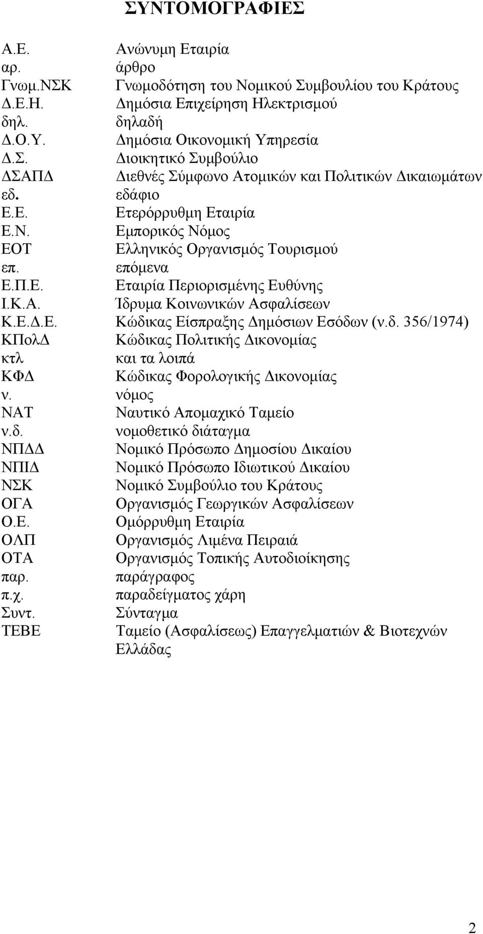 δ. 356/1974) ΚΠολΔ Κώδικας Πολιτικής Δικονομίας κτλ και τα λοιπά ΚΦΔ Κώδικας Φορολογικής Δικονομίας ν. νόμος ΝΑΤ Ναυτικό Απομαχικό Ταμείο ν.δ. νομοθετικό διάταγμα ΝΠΔΔ Νομικό Πρόσωπο Δημοσίου Δικαίου ΝΠΙΔ Νομικό Πρόσωπο Ιδιωτικού Δικαίου ΝΣΚ Νομικό Συμβούλιο του Κράτους ΟΓΑ Οργανισμός Γεωργικών Ασφαλίσεων Ο.