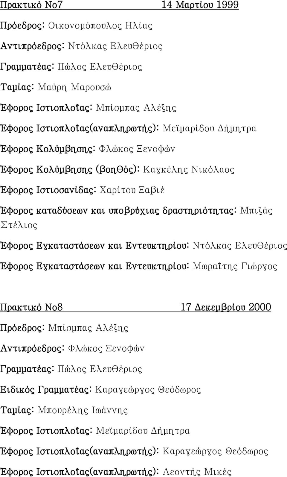 Εγκαταστάσεων και Εντευκτηρίου: Ντόλκας Ελευθέριος Έφορος Εγκαταστάσεων και Εντευκτηρίου: Μωραΐτης Γιώργος Πρακτικό Νο8 17 Δεκεμβρίου 2000 Πρόεδρος: Μπίσμπας Αλέξης Αντιπρόεδρος: Φλώκος Ξενοφών