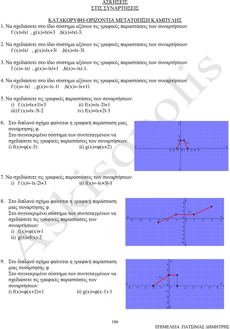 σχεδιάσετε στο ίδιο σύστημα αξόνων τις γραφικές παραστάσεις των συναρτήσεων: f ()=-, g()=- -,h()=- + 5 Να σχεδιάσετε τις γραφικές παραστάσεις των συναρτήσεων: i) f ()= + +3 ii) f()= - + iii) f ()= -3