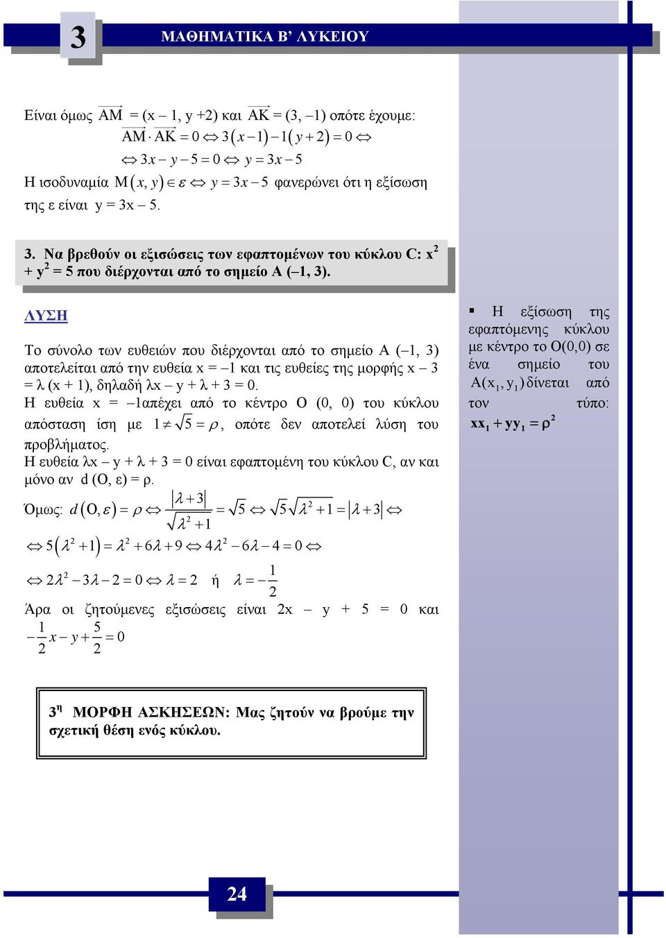 μορφής x 3 = λ (x + ), δηλδή λx y + λ + 3 = 0 Η ευθεί x = πέχει πό το κέντρο Ο (0, 0) του κύκλου πόστση ίση με 5 = ρ, οπότε δεν ποτελεί λύση του προβλήμτος Η ευθεί λx y + λ + 3 = 0 είνι εφπτομένη του