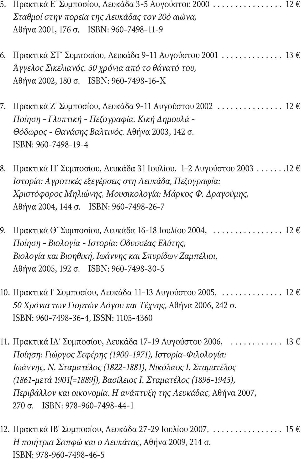 Πρακτικά Ζ Συμποσίου, Λευκάδα 9-11 Αυγούστου 2002............... 12 Ποίηση - Γλυπτική - Πεζογραφία. Κική Δημουλά - Θόδωρος - Θανάσης Βαλτινός. Αθήνα 2003, 142 σ. ISBN: 960-7498-19-4 8.