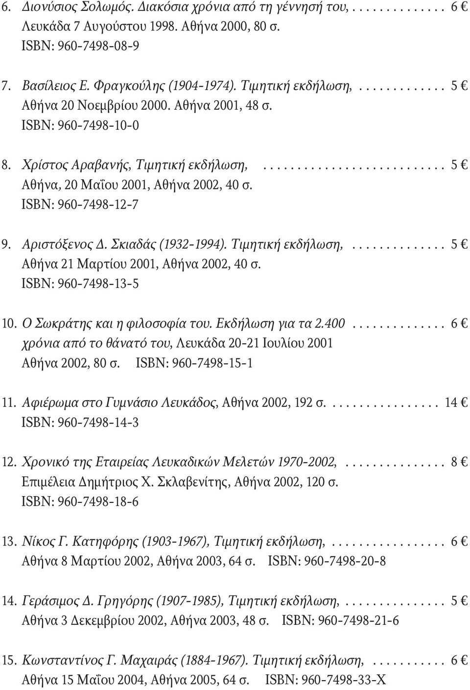 ISBN: 960-7498-12-7 9. Αριστόξενος Δ. Σκιαδάς (1932-1994). Τιμητική εκδήλωση,.............. 5 Αθήνα 21 Μαρτίου 2001, Αθήνα 2002, 40 σ. ISBN: 960-7498-13-5 10. Ο Σωκράτης και η φιλοσοφία του.