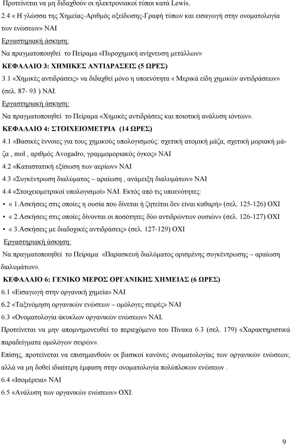 ΧΗΜΙΚΕΣ ΑΝΤΙΔΡΑΣΕΙΣ (5 ΩΡΕΣ) 3.1 «Χημικές αντιδράσεις» να διδαχθεί μόνο η υποενότητα «Μερικά είδη χημικών αντιδράσεων» (σελ. 87-93 ) ΝΑΙ.