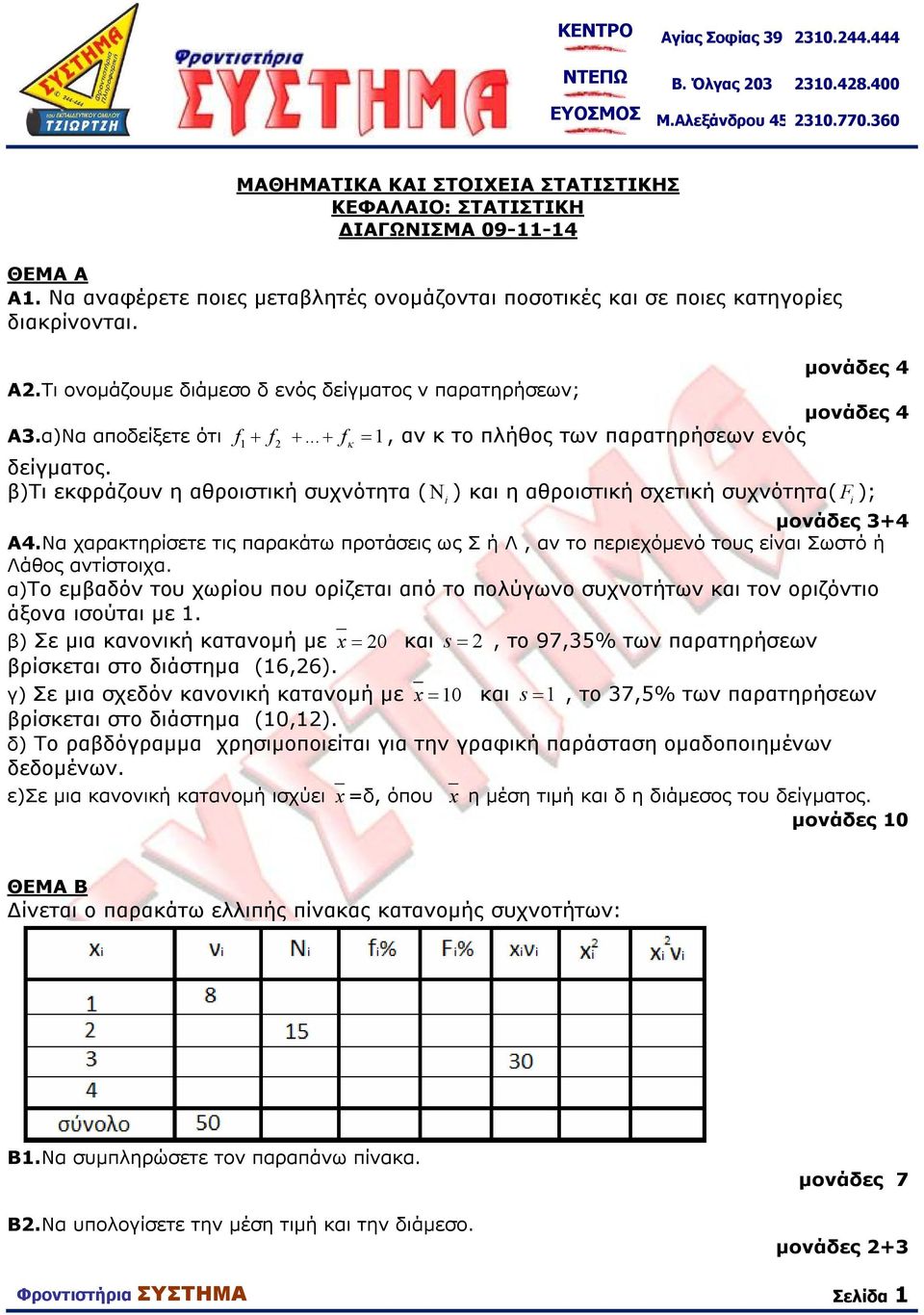 β)τι εκφράζουν η αθροιστική συχνότητα ( ) και η αθροιστική σχετική συχνότητα( F ); μονάδες 3+4 A4.