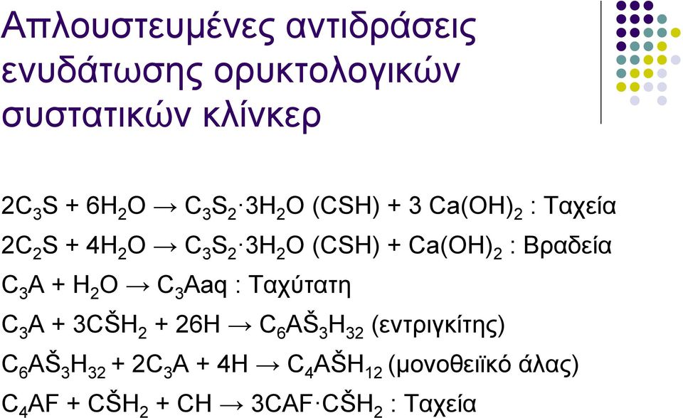 Βραδεία C 3 A + H 2 O C 3 Aaq : Ταχύτατη C 3 A + 3CŠH 2 + 26H C 6 AŠ 3 H 32 (εντριγκίτης) C