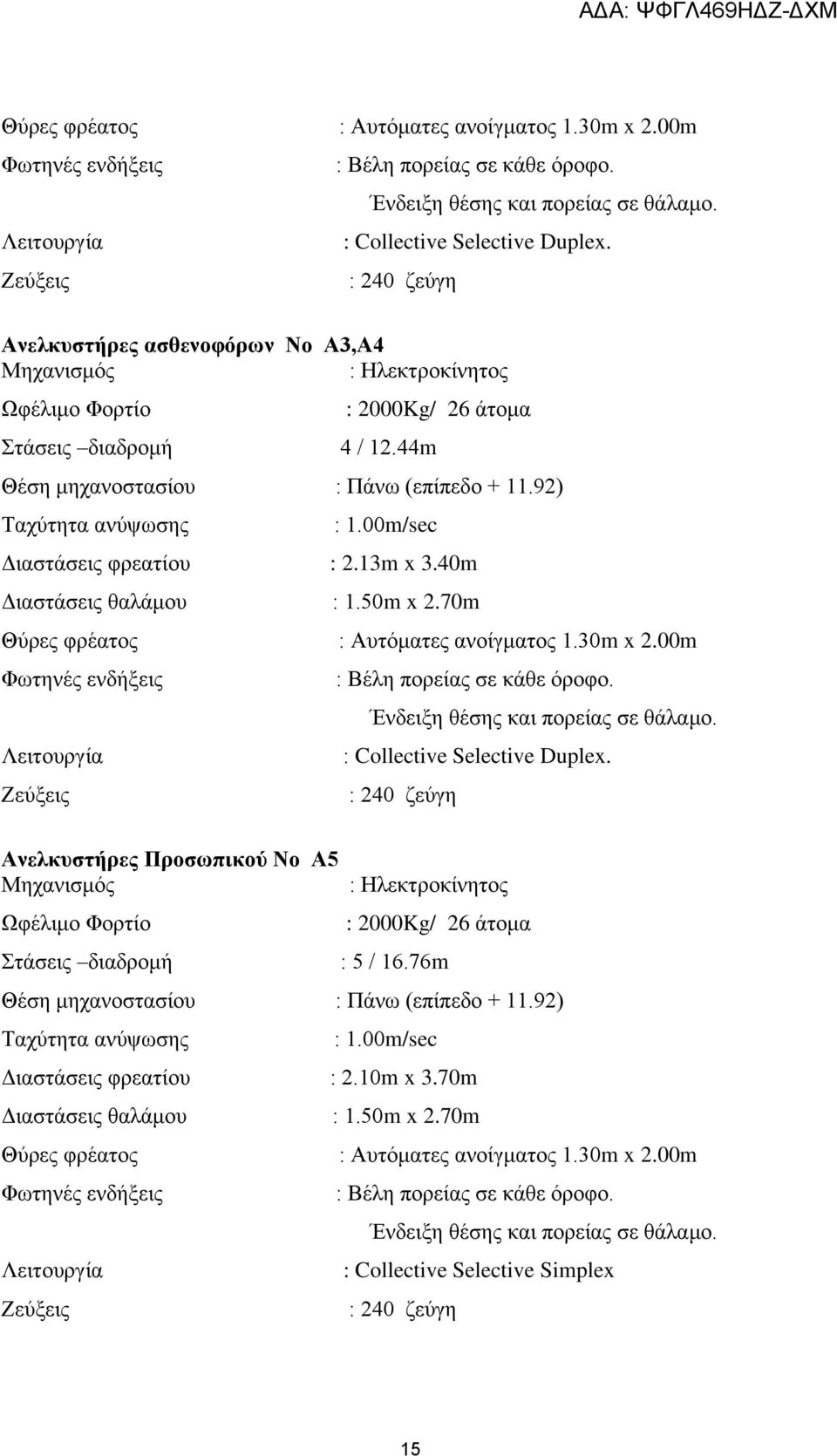 92) Ταχύτητα ανύψωσης : 1.00m/sec Διαστάσεις φρεατίου : 2.13m x 3.40m Διαστάσεις θαλάμου : 1.50m x 2.70m Θύρες φρέατος : Αυτόματες ανοίγματος 1.30m x 2.