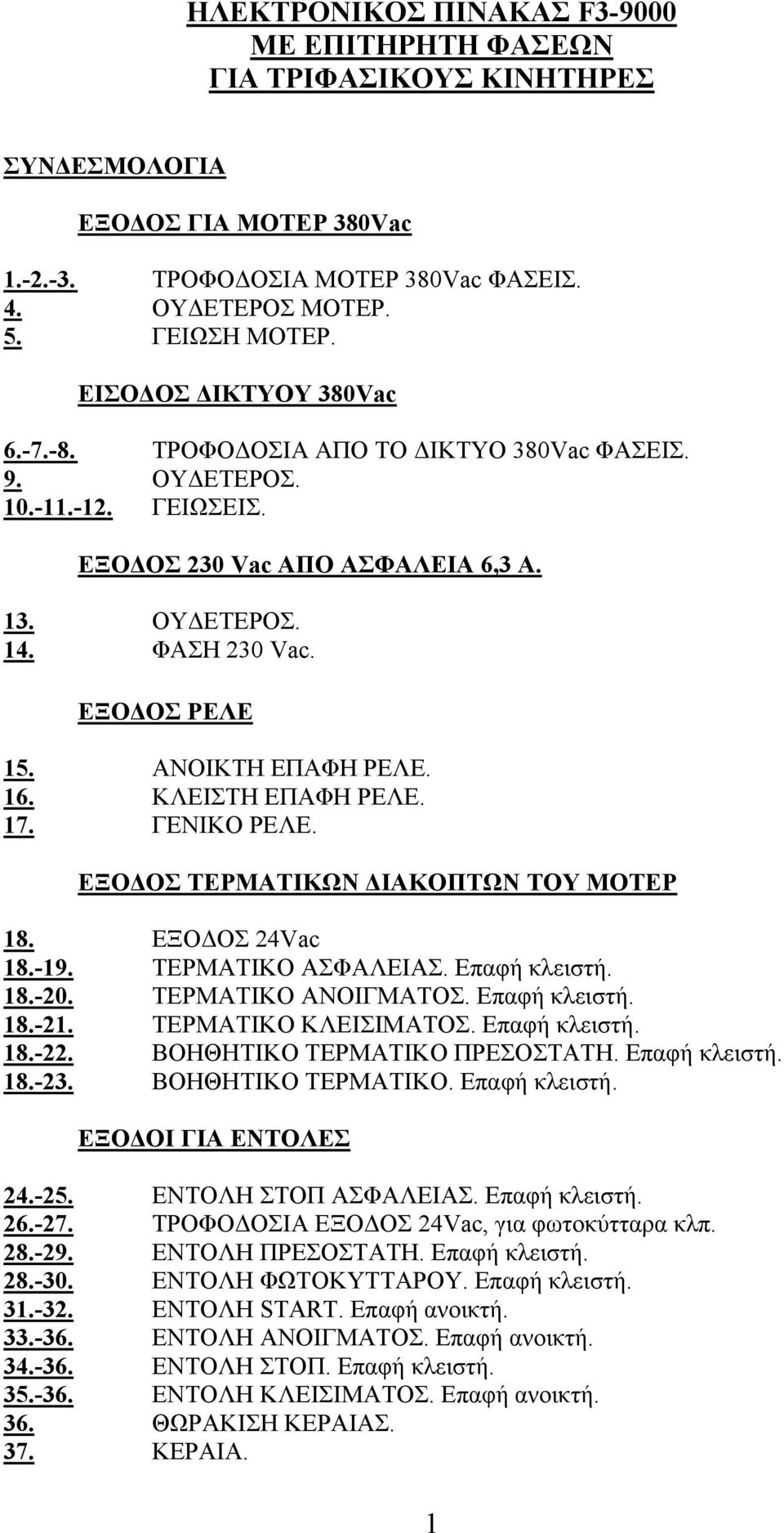 ΑΝΟΙΚΤΗ ΕΠΑΦΗ ΡΕΛΕ. 16. ΚΛΕΙΣΤΗ ΕΠΑΦΗ ΡΕΛΕ. 17. ΓΕΝΙΚΟ ΡΕΛΕ. ΕΞΟ ΟΣ ΤΕΡΜΑΤΙΚΩΝ ΙΑΚΟΠΤΩΝ ΤΟΥ ΜΟΤΕΡ 18. ΕΞΟ ΟΣ 24Vac 18.-19. ΤΕΡΜΑΤΙΚΟ ΑΣΦΑΛΕΙΑΣ. Επαφή κλειστή. 18.-20. ΤΕΡΜΑΤΙΚΟ ΑΝΟΙΓΜΑΤΟΣ.