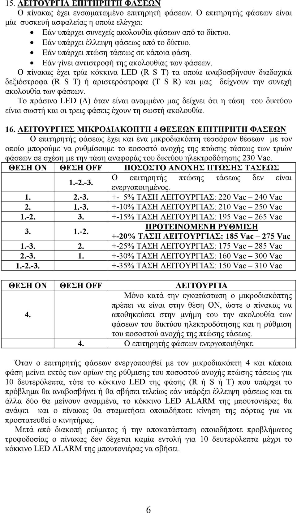 Ο πίνακας έχει τρία κόκκινα LED (R S T) τα οποία αναβοσβήνουν διαδοχικά δεξιόστροφα (R S T) ή αριστερόστροφα (T S R) και µας δείχνουν την συνεχή ακολουθία των φάσεων.