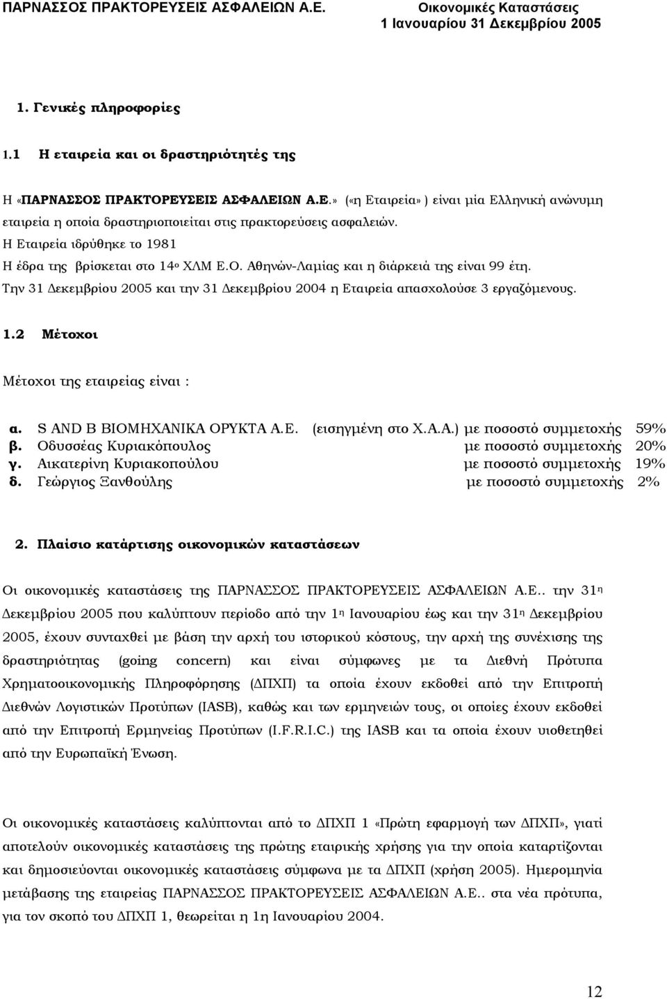 1.2 Μέτοχοι Μέτοχοι της εταιρείας είναι : α. S AND B ΒΙΟΜΗΧΑΝΙΚΑ ΟΡΥΚΤΑ Α.Ε. (εισηγµένη στο Χ.Α.Α.) µε ποσοστό συµµετοχής 59% β. Οδυσσέας Κυριακόπουλος µε ποσοστό συµµετοχής 20% γ.