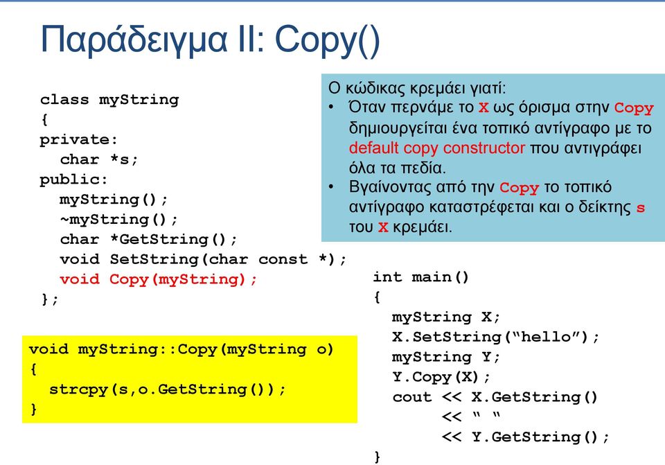 getstring()); O κώδικας κρεμάει γιατί: Όταν περνάμε το Χ ως όρισμα στην Copy δημιουργείται ένα τοπικό αντίγραφο με το default copy constructor