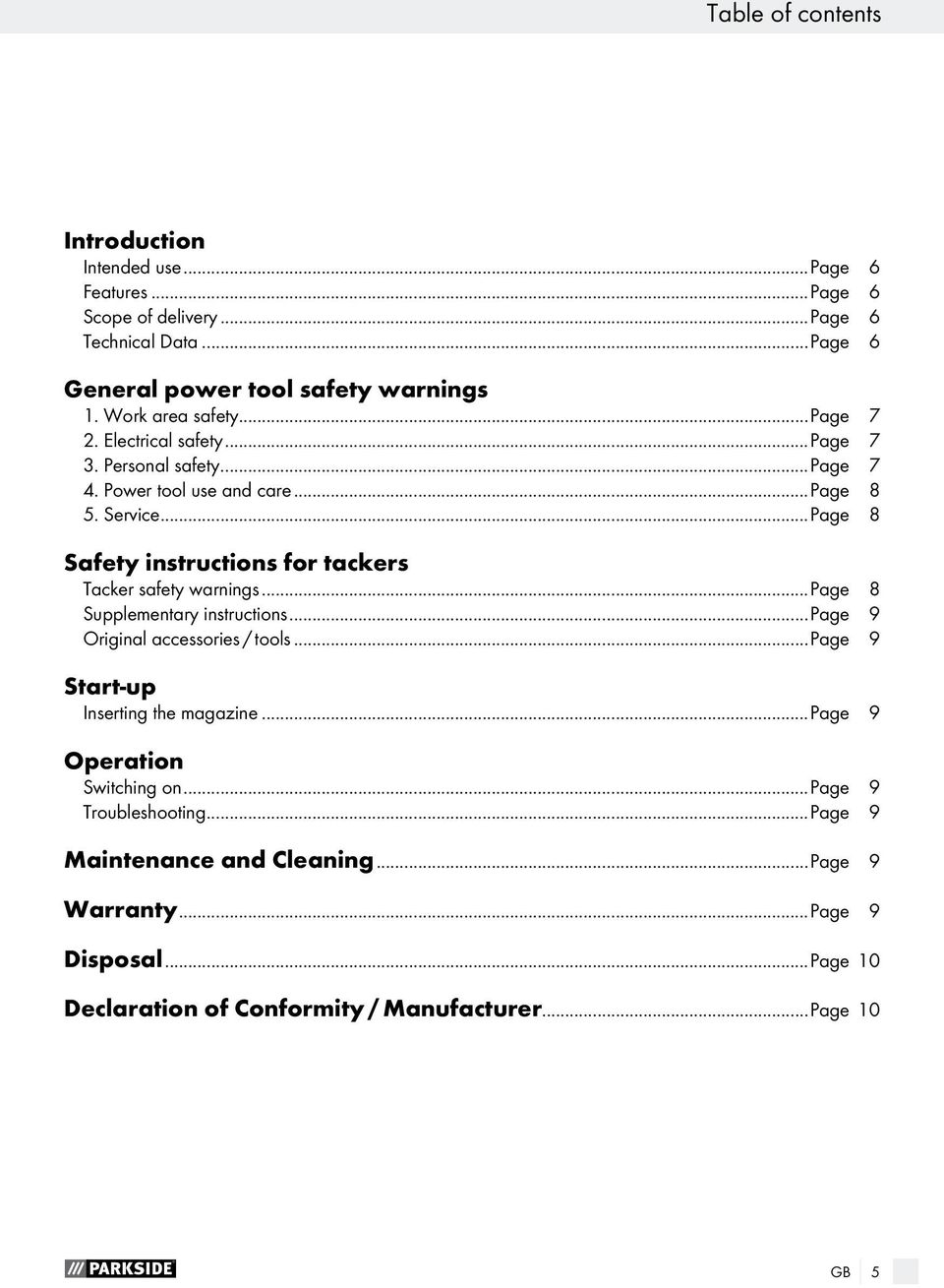 ..Page 8 Safety instructions for tackers Tacker safety warnings...page 8 Supplementary instructions...page 9 Original accessories / tools.