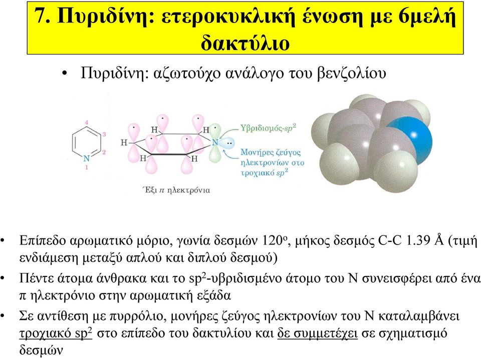 39 Å (τιμή ενδιάμεση μεταξύ απλού και διπλού δεσμού) Πέντε άτομα άνθρακα και το sp 2 -υβριδισμένο άτομο του Ν