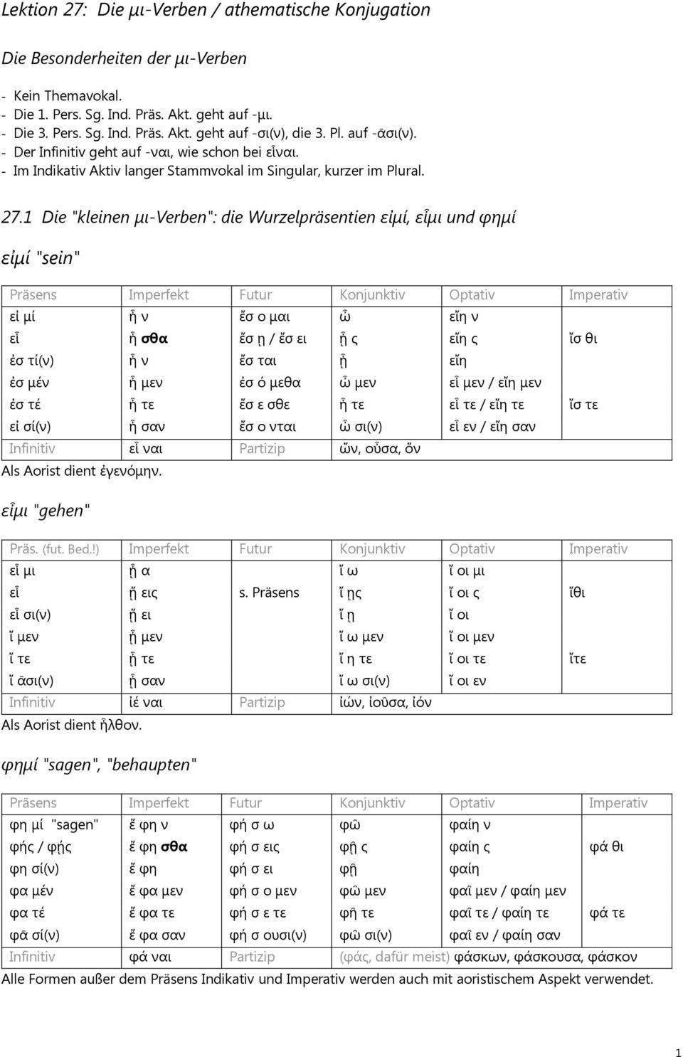 1 Die "kleinen μι-verben": die Wurzelpräsentien εἰμί, εἶμι und φημί εἰμί "sein" Präsens Imperfekt Futur Konjunktiv Optativ Imperativ εἰ μί ἦ ν ἔσ ο μαι ὦ εἴη ν εἶ ἦ σθα ἔσ ῃ / ἔσ ει ᾖ ς εἴη ς ἴσ θι