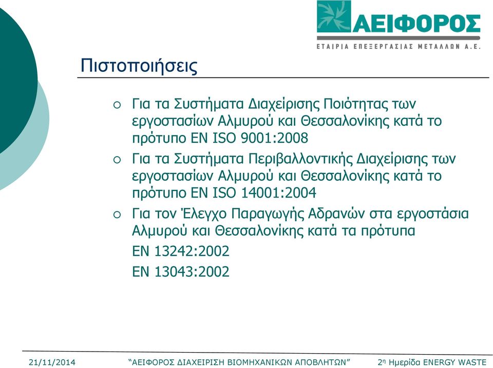 των εργοστασίων Αλμυρού και Θεσσαλονίκης κατά το πρότυπο EN ISO 14001:2004 Για τον Έλεγχο