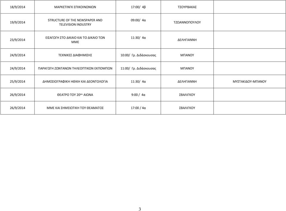 Διδάσκουσας ΜΠΑΝΟΥ 24/9/2014 ΠΑΡΑΓΩΓΗ ΖΩΝΤΑΝΩΝ ΤΗΛΕΟΠΤΙΚΩΝ ΕΚΠΟΜΠΩΝ 11:00/ Γρ.