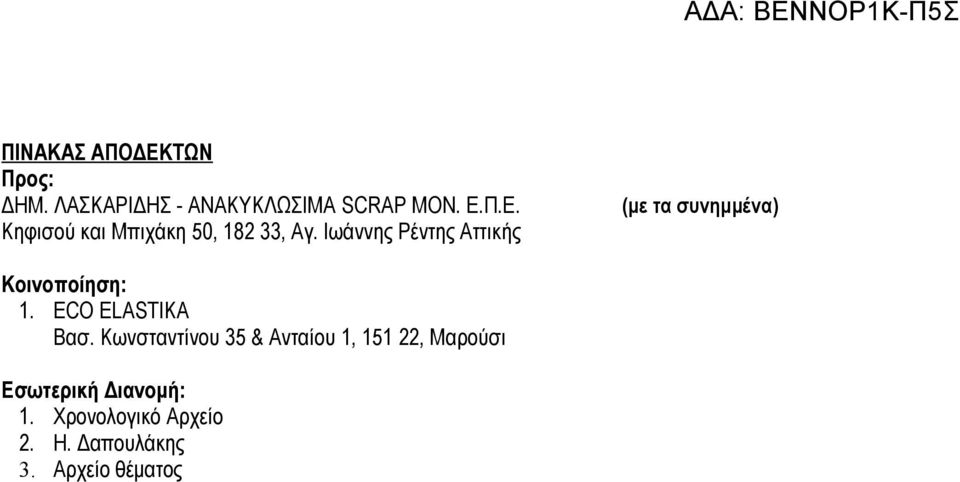 Κωνσταντίνου 35 & Ανταίου 1, 151 22, Μαρούσι Εσωτερική Διανομή: 1.