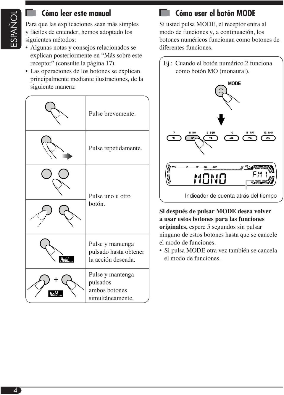 Las operaciones de los botones se explican principalmente mediante ilustraciones, de la siguiente manera: Cómo usar el botón MODE Si usted pulsa MODE, el receptor entra al modo de funciones y, a