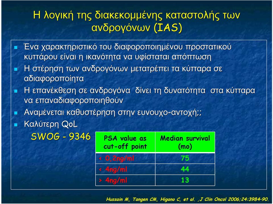 δυνατότητα στα κύτταρα να επαναδιαφοροποιηθούν Αναμένεται καθυστέρηση στην ευνουχο-αντοχή αντοχή;; Καλύτερη QoL SWOG - 9346 PSA value