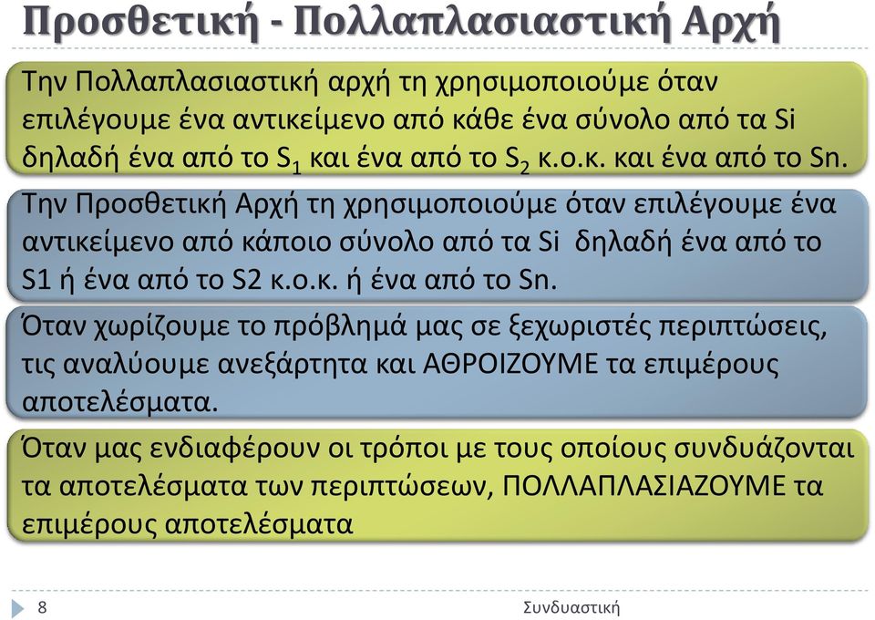 Την Προσθετική Αρχή τη χρησιμοποιούμε όταν επιλέγουμε ένα αντικείμενο από κάποιο σύνολο από τα Si δηλαδή ένα από το S1 ή ένα από το S2 κ.ο.κ. ή ένα από το Sn.