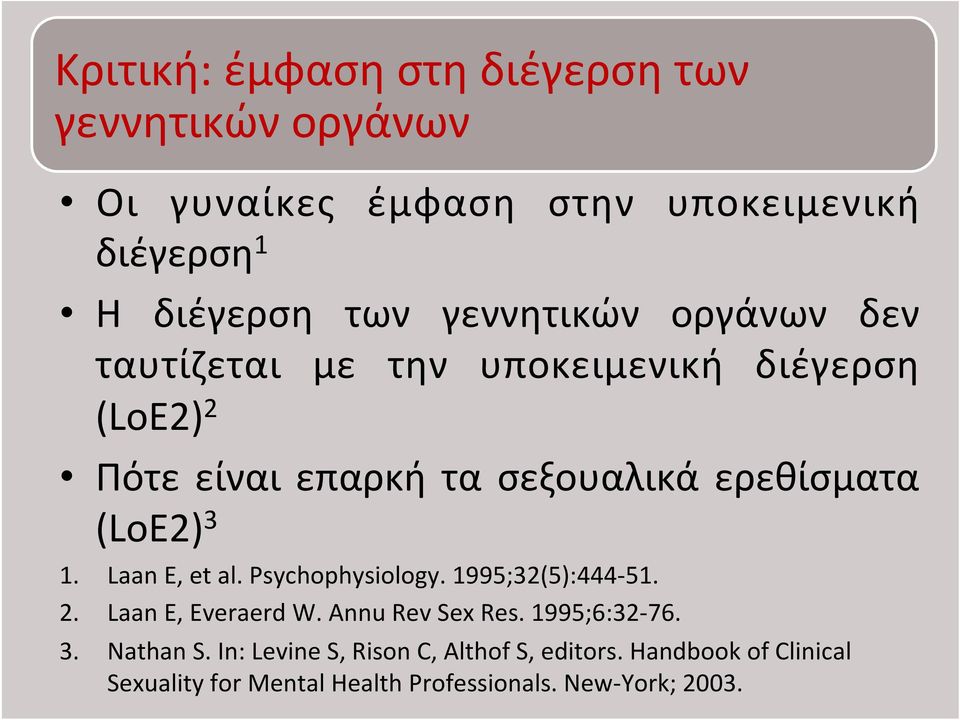 (LoE2) 3 1. Laan E, et al. Psychophysiology. 1995;32(5):444-51. 2. Laan E, Everaerd W. Annu Rev Sex Res. 1995;6:32-76. 3. Nathan S.