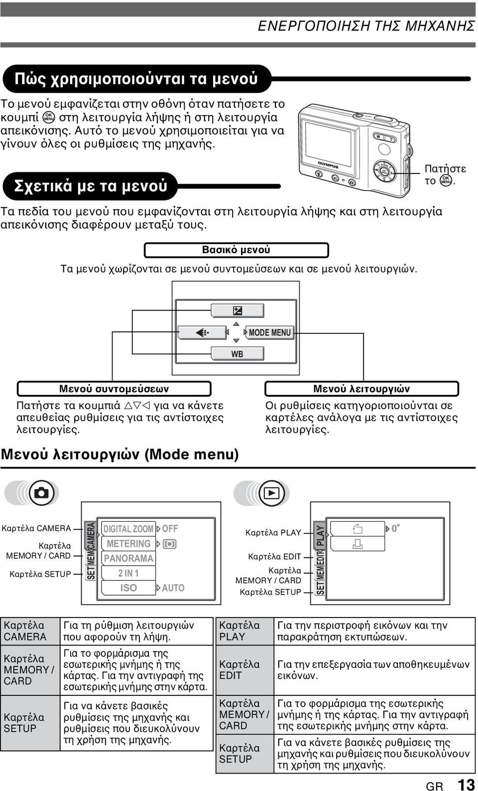 Τα πεδία του µενού που εµφανίζονται στη λειτουργία λήψης και στη λειτουργία απεικόνισης διαφέρουν µεταξύ τους. Βασικό µενού Τα µενού χωρίζονται σε µενού συντοµεύσεων και σε µενού λειτουργιών.