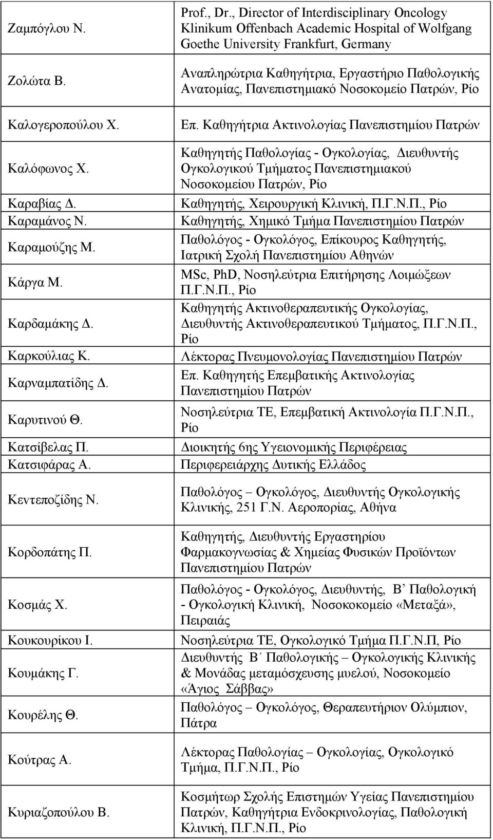 , Director of Interdisciplinary Oncology Klinikum Offenbach Academic Hospital of Wolfgang Goethe University Frankfurt, Germany Αναπληρώτρια Καθηγήτρια, Εργαστήριο Παθολογικής Ανατομίας,