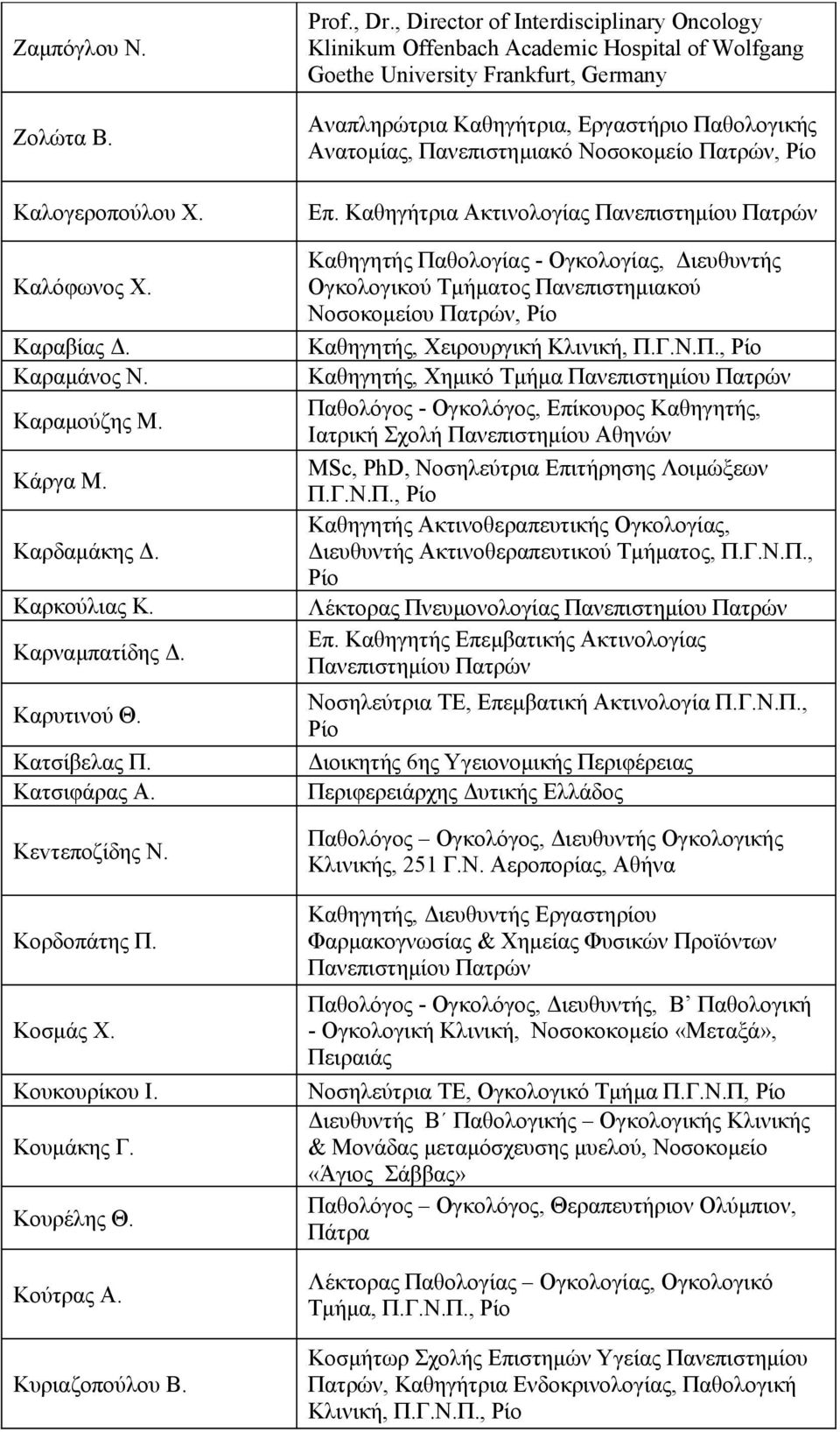 , Director of Interdisciplinary Oncology Klinikum Offenbach Academic Hospital of Wolfgang Goethe University Frankfurt, Germany Αναπληρώτρια Καθηγήτρια, Εργαστήριο Παθολογικής Ανατομίας,